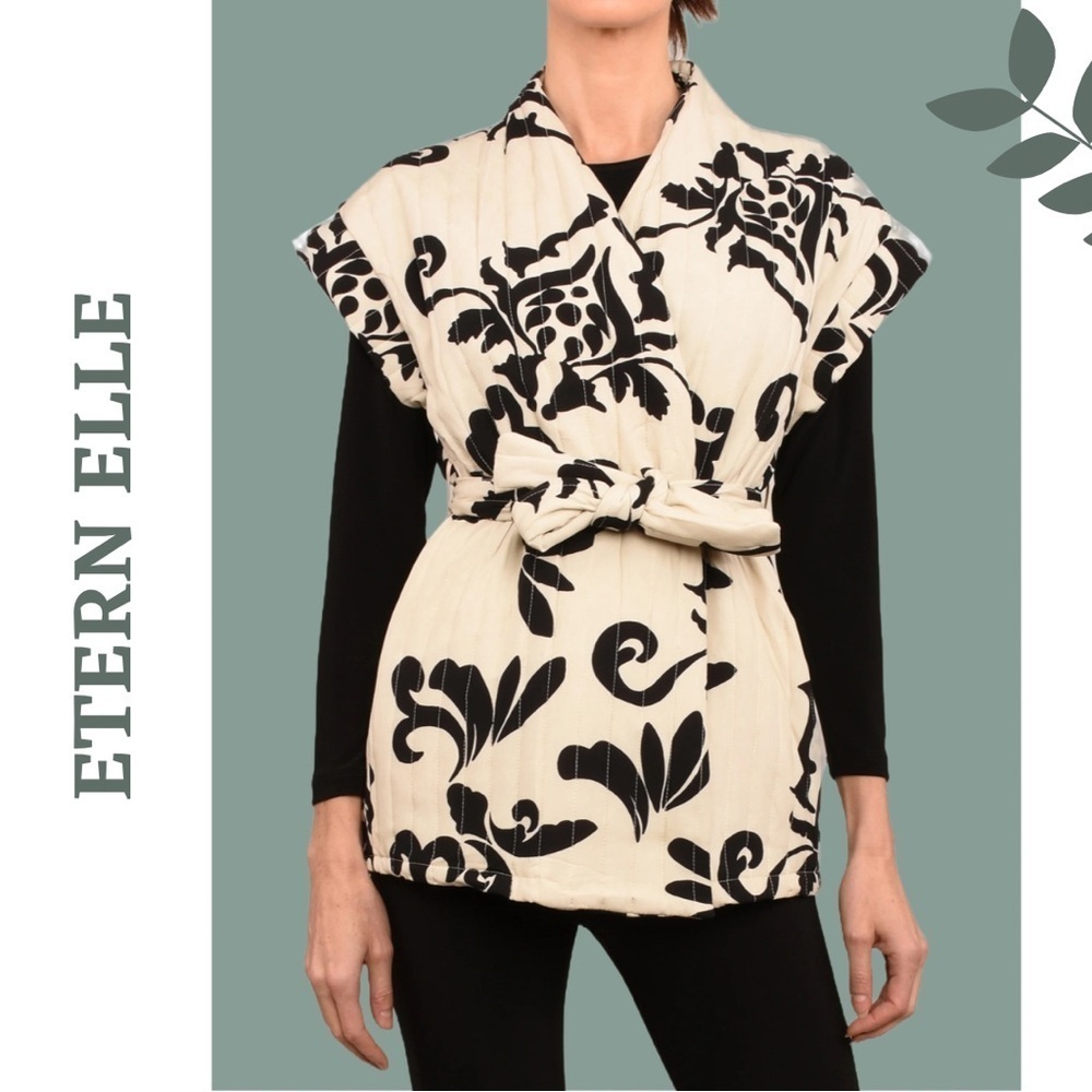 Etern Elle Black and White Patterned Vest Quilted Tie Waist Cap Sleeve Sm Medium